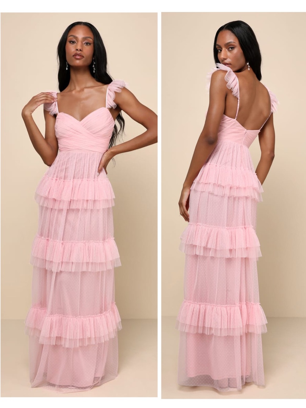 Lulus Pure Radiance Pink Mesh Swiss Dot Tiered Maxi Dress Size Small Whimsical